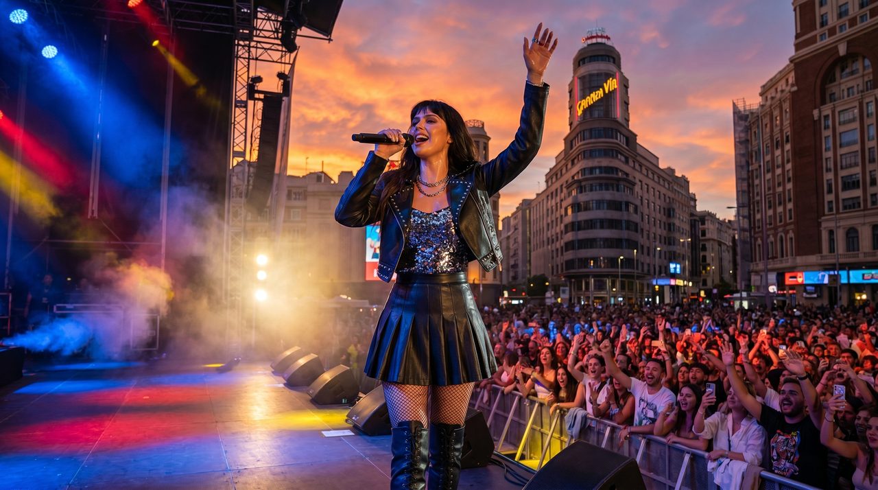 Zana singing to a crowd on Madrid's Gran Vía at sunset