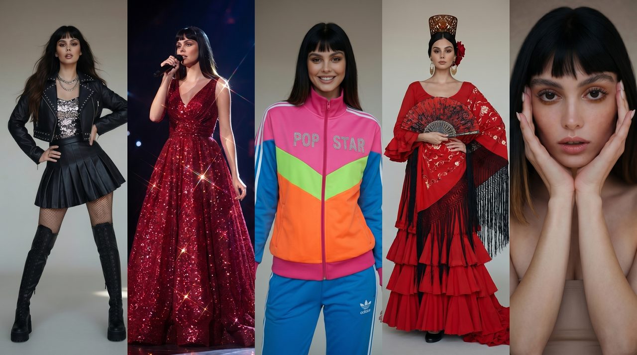 Zana — looks: rebel, red gala, pop star and flamenco